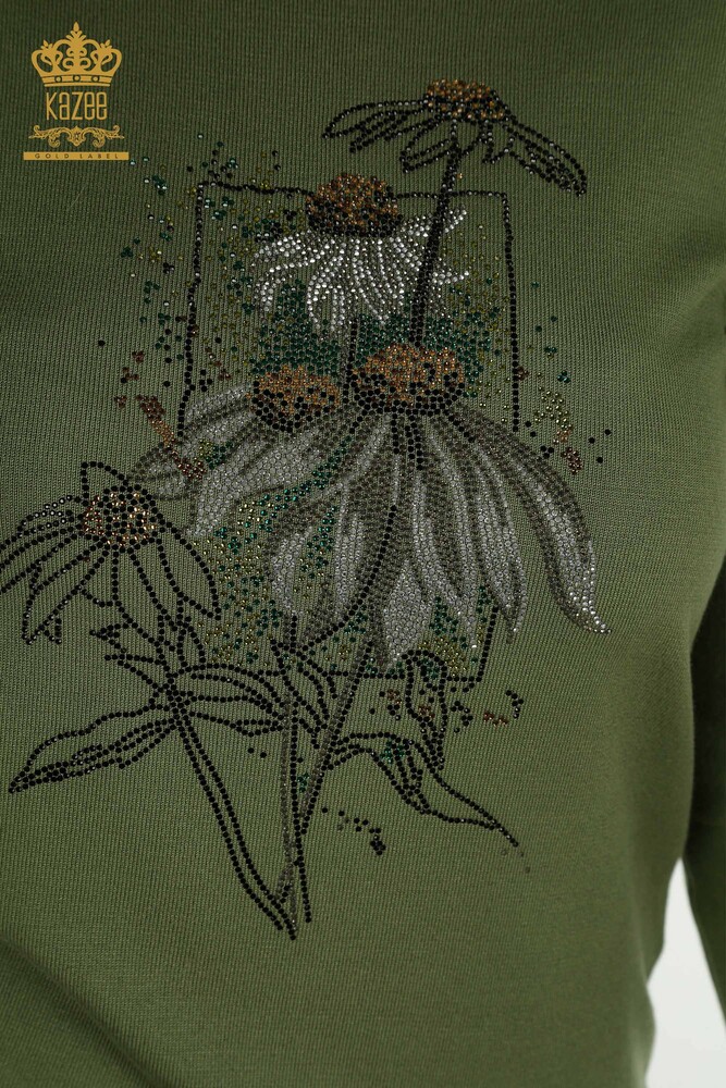 Großhandel Damen-Strickpullover - Blumen stickerei - Khaki - 30612 | KAZEE - 3