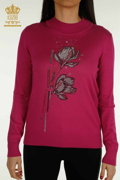 Großhandel Damen-Strickpullover - Blumenmuster - Fuchsia - 30656 | KAZEE - 2