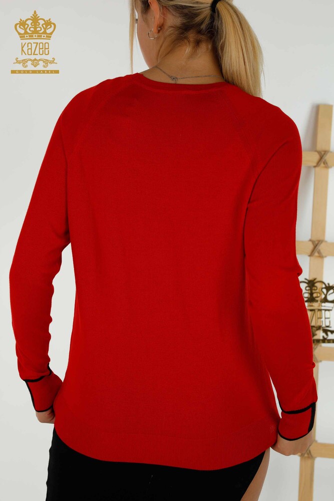 Großhandel Damen Strickpullover - Farbige Taschen - Rot - 30108 | KAZEE - 6