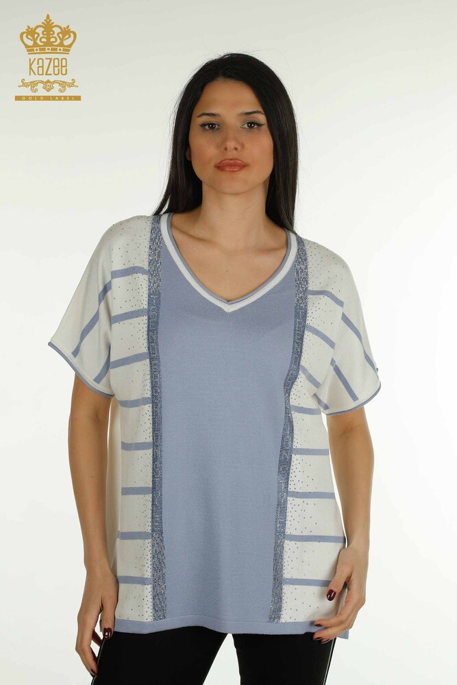 Großhandel Damen-Strickpullover - Gestreift - Blau - 30699 | KAZEE - 1