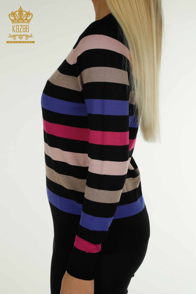 Großhandel Damen-Strickpullover - Gestreift - Zwei Farben - Schwarz Fuchsia - 30133 | KAZEE - 5