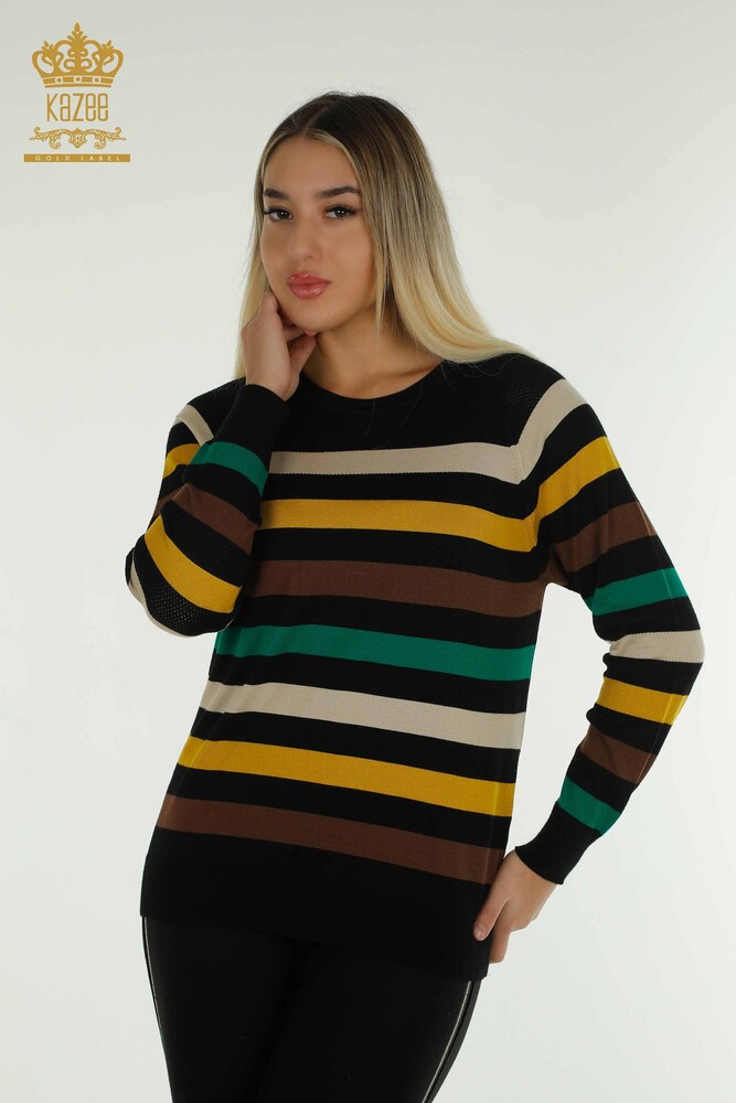 Großhandel Damen-Strickpullover - Gestreift - Zwei Farben - schwarzer Safran - 30133 | KAZEE - 1