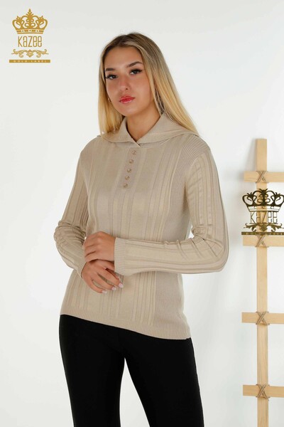 Großhandel Damen Strickpullover - Knopf detail - Beige - 30134 | KAZEE 