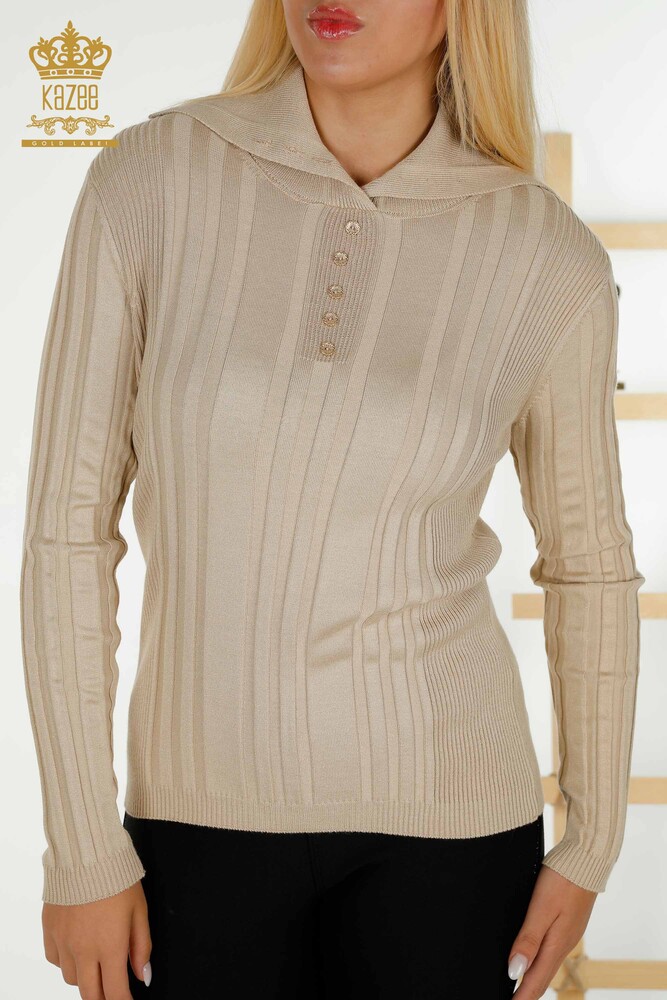 Großhandel Damen Strickpullover - Knopf detail - Beige - 30134 | KAZEE - 2