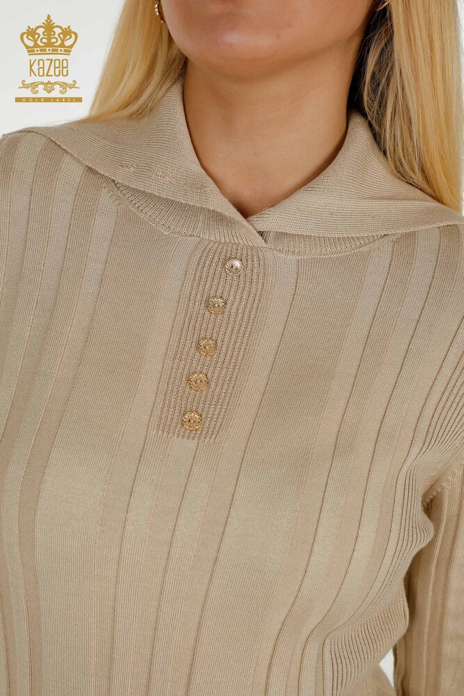 Großhandel Damen Strickpullover - Knopf detail - Beige - 30134 | KAZEE - 3