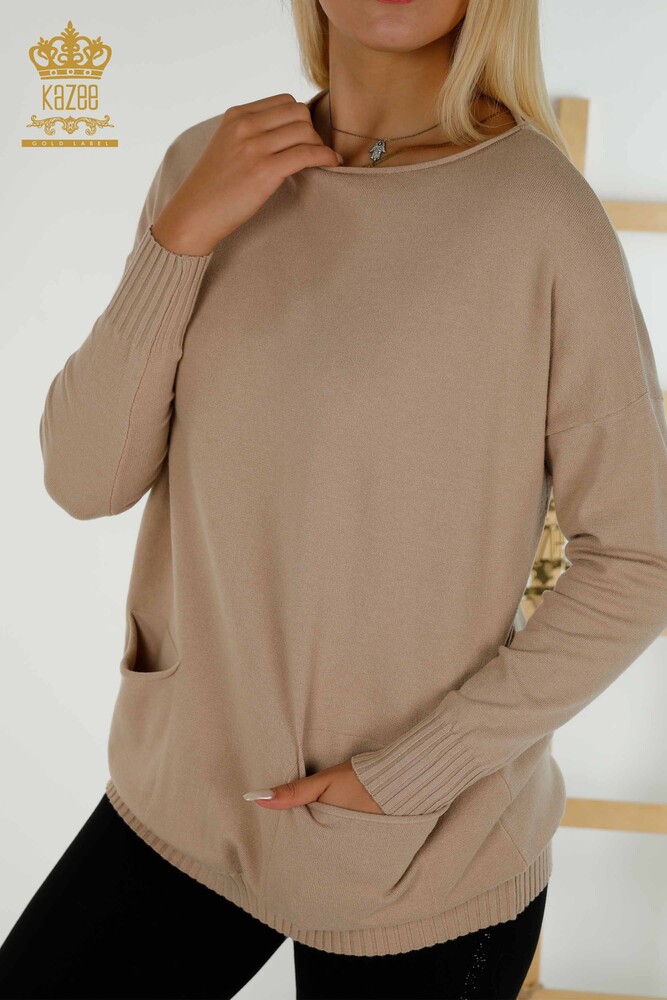 Großhandel Damen Strickpullover - Knopf detail - Beige - 30178 | KAZEE - 2