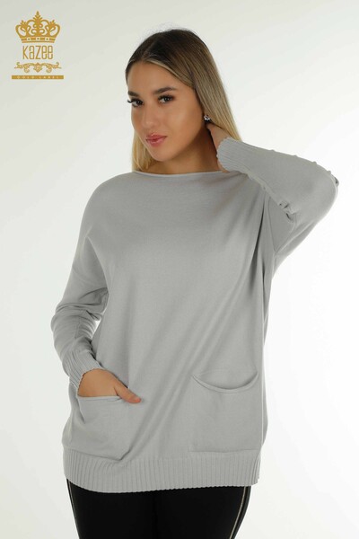 Großhandel Damen-Strickpullover - Knopf detail - Grau - 30178 | KAZEE 