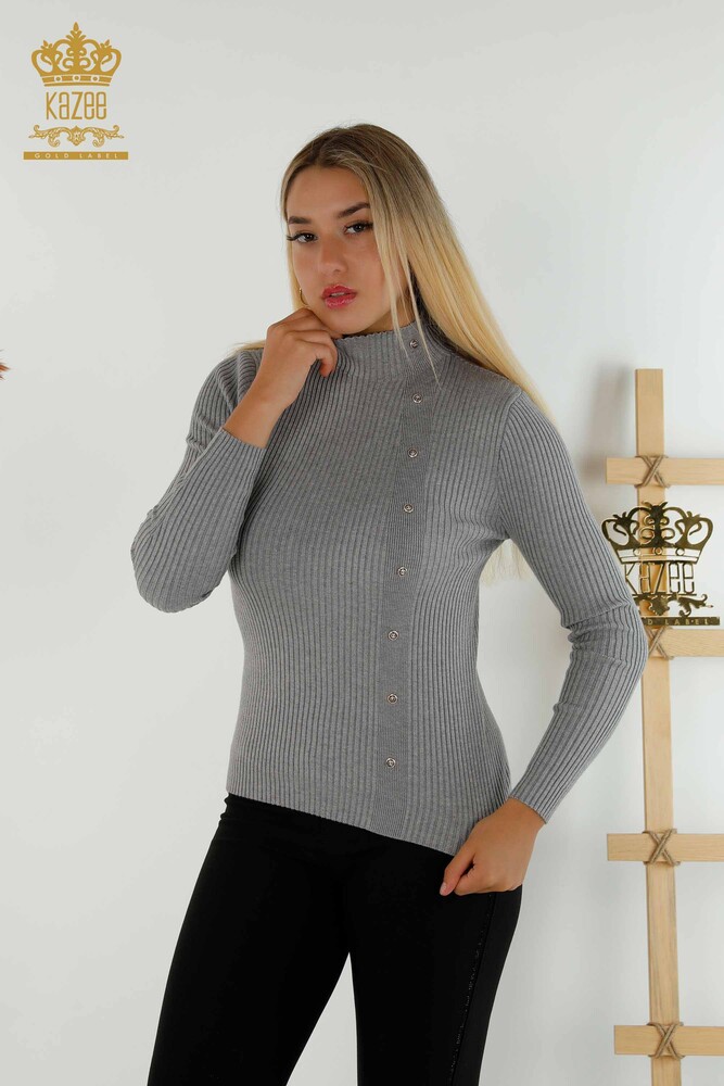 Großhandel Damen Strickpullover - Knopf detail - Grau - 30394 | KAZEE - 1