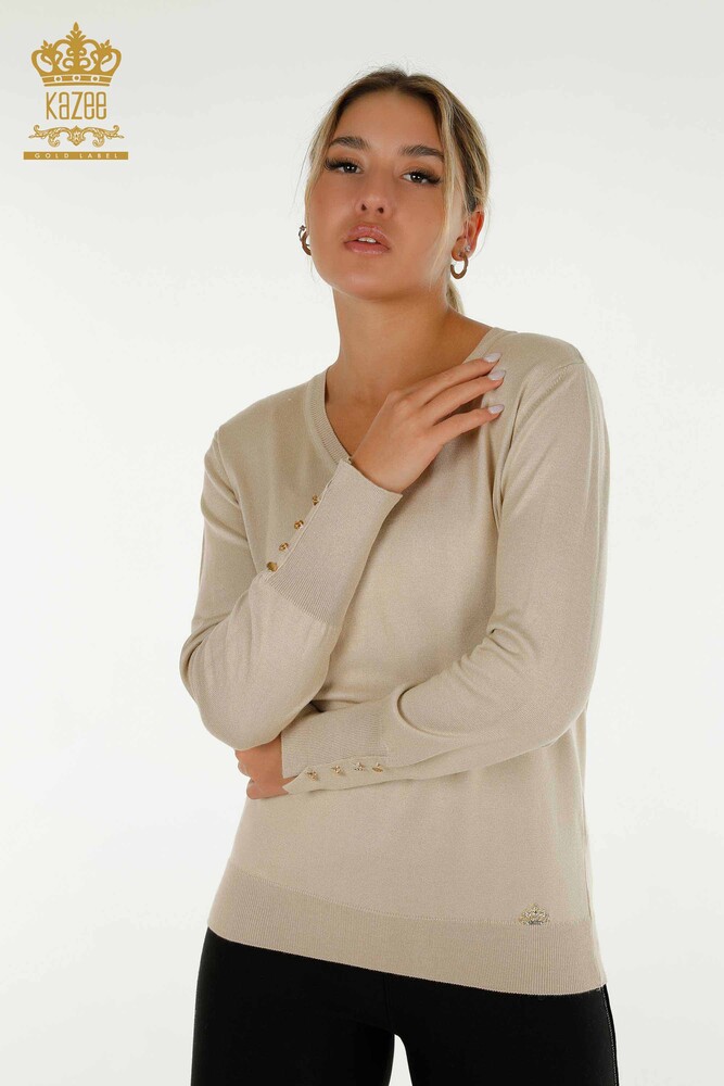 Großhandel Damen-Strickpullover - Knopf detail - Hellbeige - 30139 | KAZEE - 1