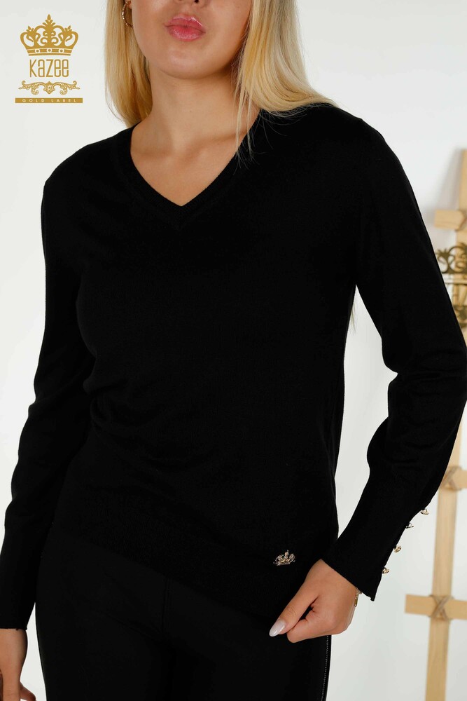 Großhandel Damen Strickpullover - Knopf detail - Schwarz - 30139 | KAZEE - 2