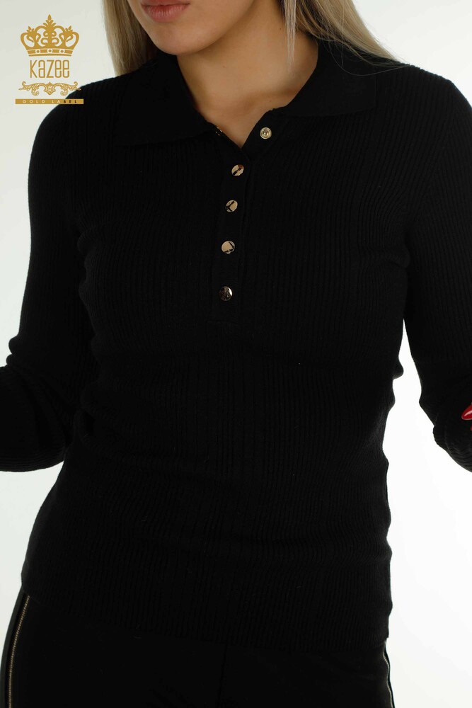 Großhandel Damen-Strickpullover - Knopf detail - Schwarz - 30364 | KAZEE - 2