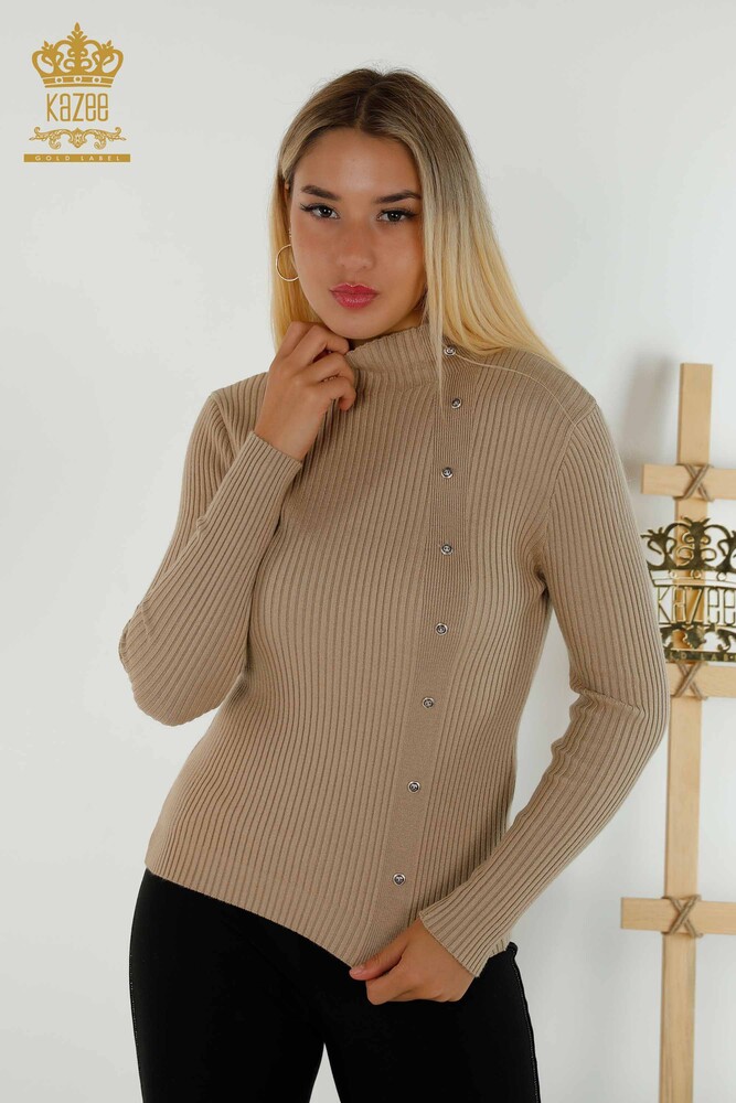 Großhandel Damen-Strickpullover - Knopfdetail - Beige - 30394 | KAZEE - 1