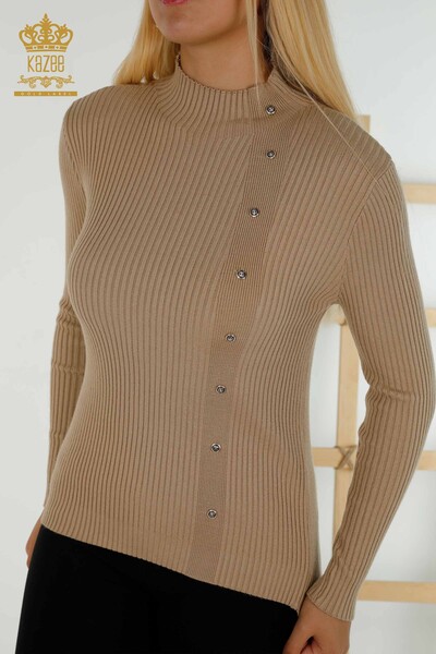 Großhandel Damen-Strickpullover - Knopfdetail - Beige - 30394 | KAZEE - 2