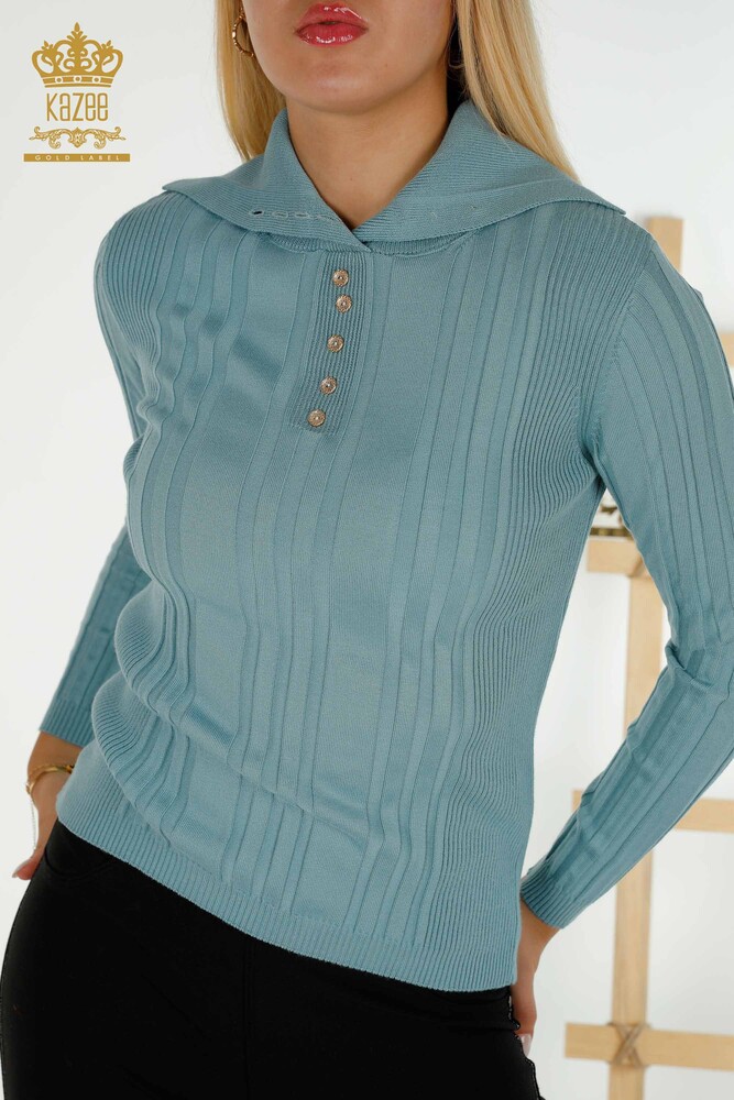 Großhandel Damen Strickpullover - Knopfdetail - Mint - 30134 | KAZEE - 2