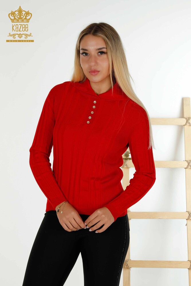 Großhandel Damen-Strickpullover - Knopfdetail - Rot - 30134 | KAZEE - 1