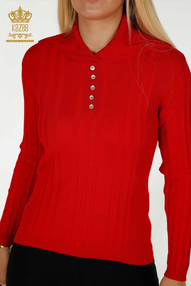 Großhandel Damen-Strickpullover - Knopfdetail - Rot - 30134 | KAZEE - 2