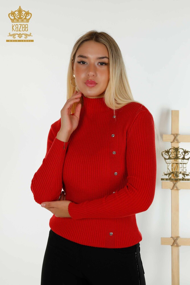 Großhandel Damen Strickpullover - Knopfdetail - Rot - 30394 | KAZEE - 1