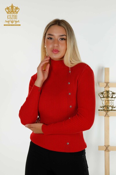 Großhandel Damen Strickpullover - Knopfdetail - Rot - 30394 | KAZEE 