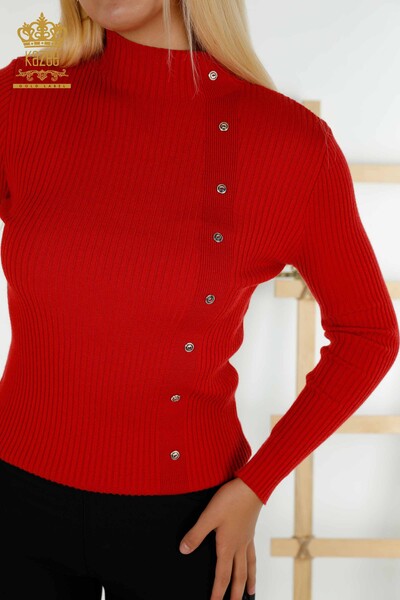 Großhandel Damen Strickpullover - Knopfdetail - Rot - 30394 | KAZEE - 2