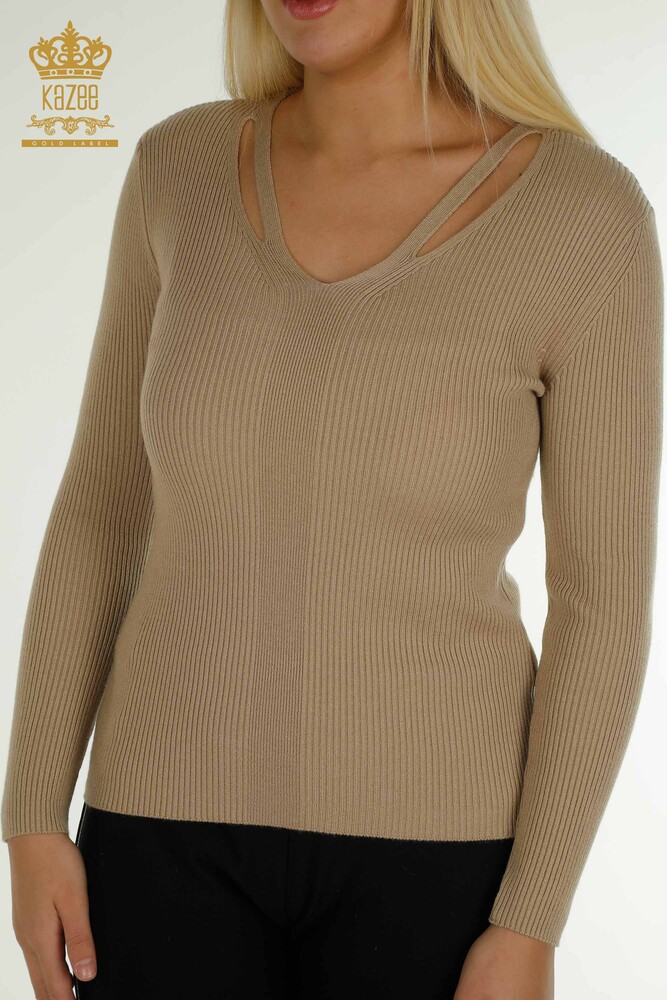 Großhandel Damen-Strickpullover - Kragen detailliert - Beige - 30392 | KAZEE - 2