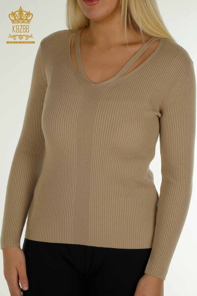 Großhandel Damen-Strickpullover - Kragen detailliert - Beige - 30392 | KAZEE - 2