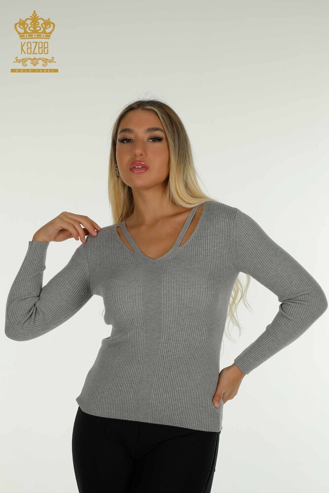 Großhandel Damen-Strickpullover - Kragen detailliert - Grau - 30392 | KAZEE - 1