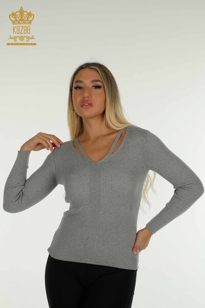 Großhandel Damen-Strickpullover - Kragen detailliert - Grau - 30392 | KAZEE 