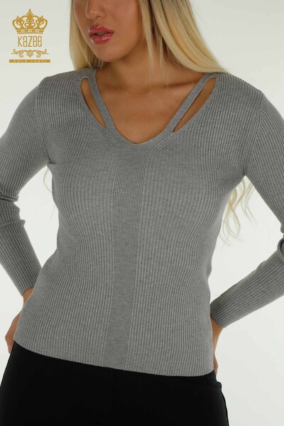 Großhandel Damen-Strickpullover - Kragen detailliert - Grau - 30392 | KAZEE - 2