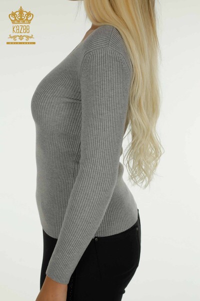 Großhandel Damen-Strickpullover - Kragen detailliert - Grau - 30392 | KAZEE - 6