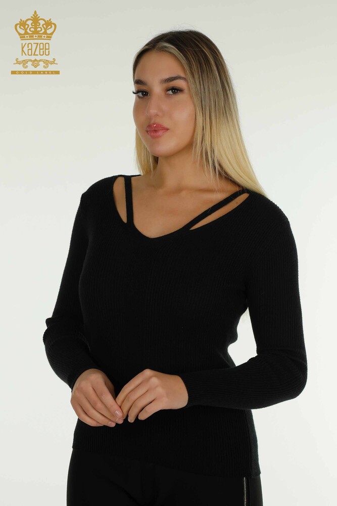 Großhandel Damen-Strickpullover - Kragen detailliert - Schwarz - 30392 | KAZEE - 1