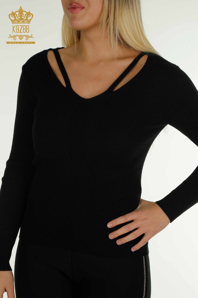 Großhandel Damen-Strickpullover - Kragen detailliert - Schwarz - 30392 | KAZEE - 2