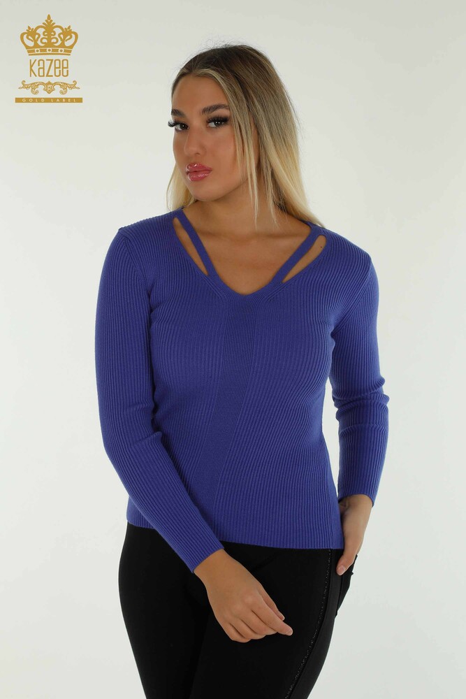 Großhandel Damen-Strickpullover - Kragen detailliert - Violett - 30392 | KAZEE - 2