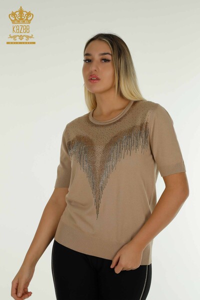 Großhandel Damen-Strickpullover - Kristall Stein bestickt - Beige - 30330 | KAZEE - 1