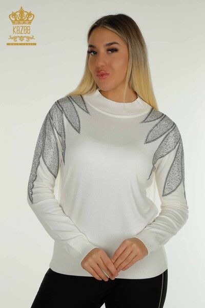 Großhandel Damen Strickpullover - Kristall Stein bestickt - Ecru - 30114 | KAZEE - 1