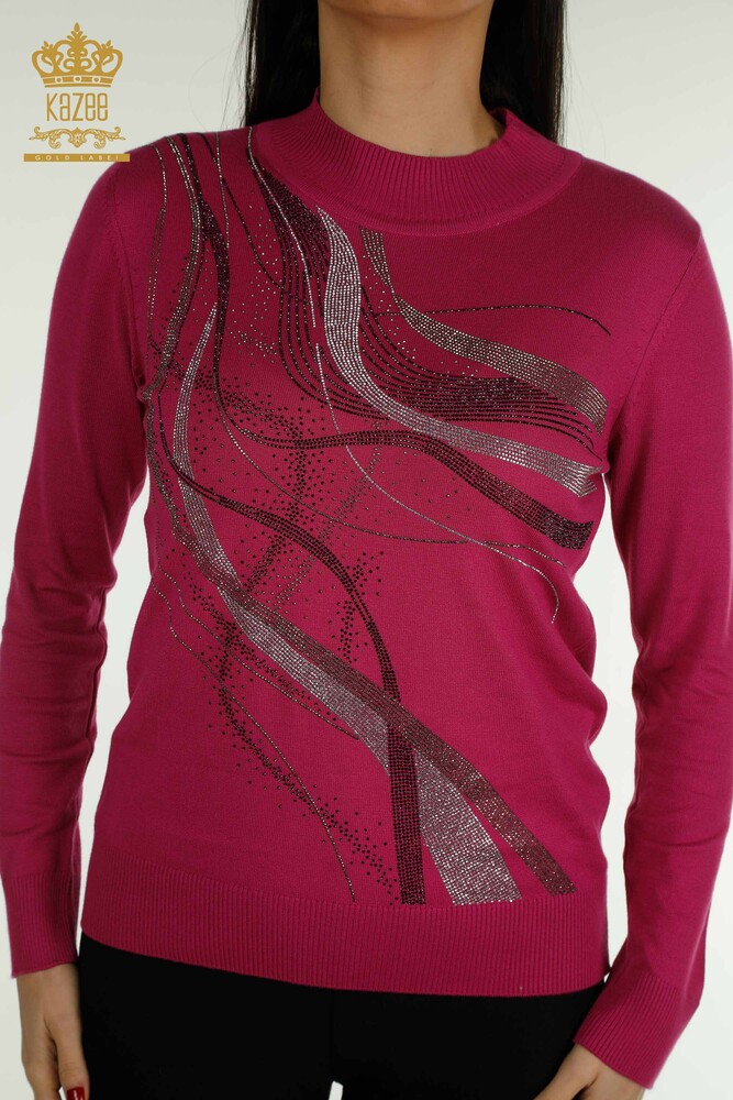 Großhandel Damen-Strickpullover - Kristall Stein bestickt - Fuchsia - 30469 | KAZEE - 2