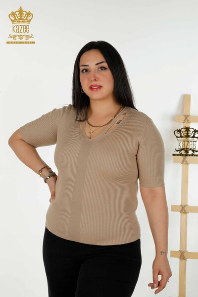 Großhandel Damen Strickpullover - Kurzarm - Beige - 30397 | KAZEE - 1