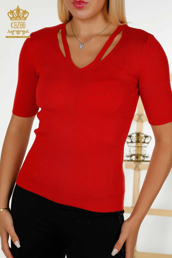 Großhandel Damen Strickpullover - Kurzarm - Rot - 30397 | KAZEE - 2