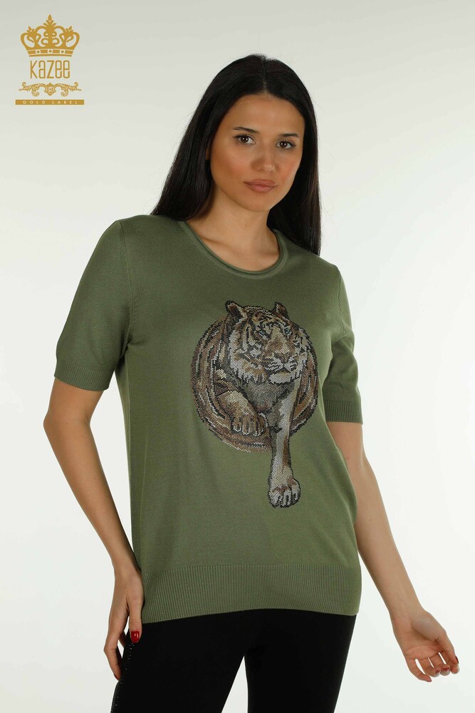 Großhandel Damen-Strickpullover - Leopard Stein bestickt - Khaki - 30747 | KAZEE - 1