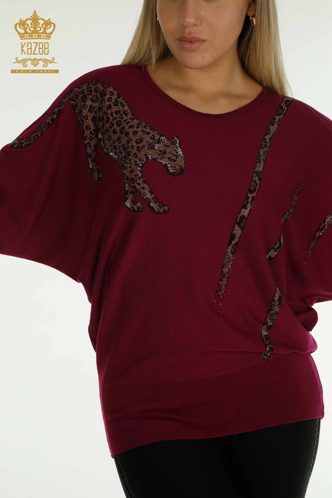 Großhandel Damen-Strickpullover - Leopard Stein bestickt - Flieder - 30633 | KAZEE - 2