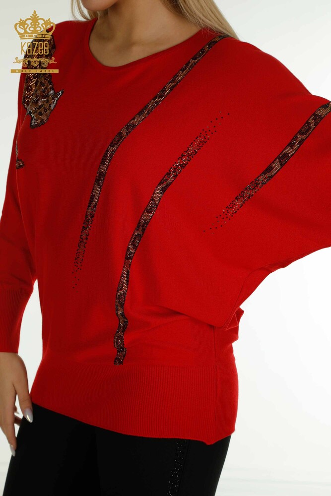 Großhandel Damen-Strickpullover - Leopard Stein bestickt - Rot - 30633 | KAZEE - 2