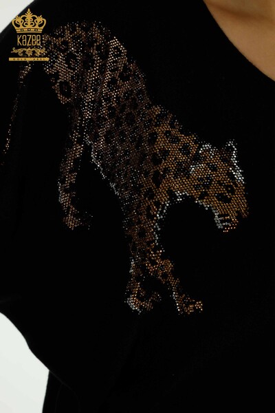 Großhandel Damen-Strickpullover - Leopard Stein bestickt - Schwarz - 30633 | KAZEE - 4