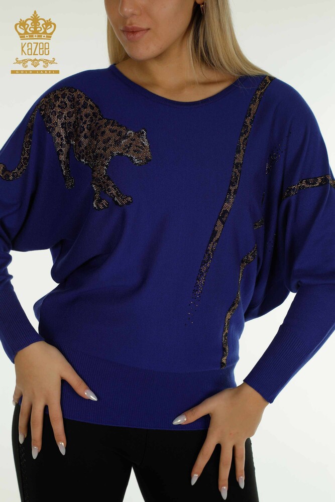 Großhandel Damen-Strickpullover - Leopard Stein bestickt - Saks - 30633 | KAZEE - 2