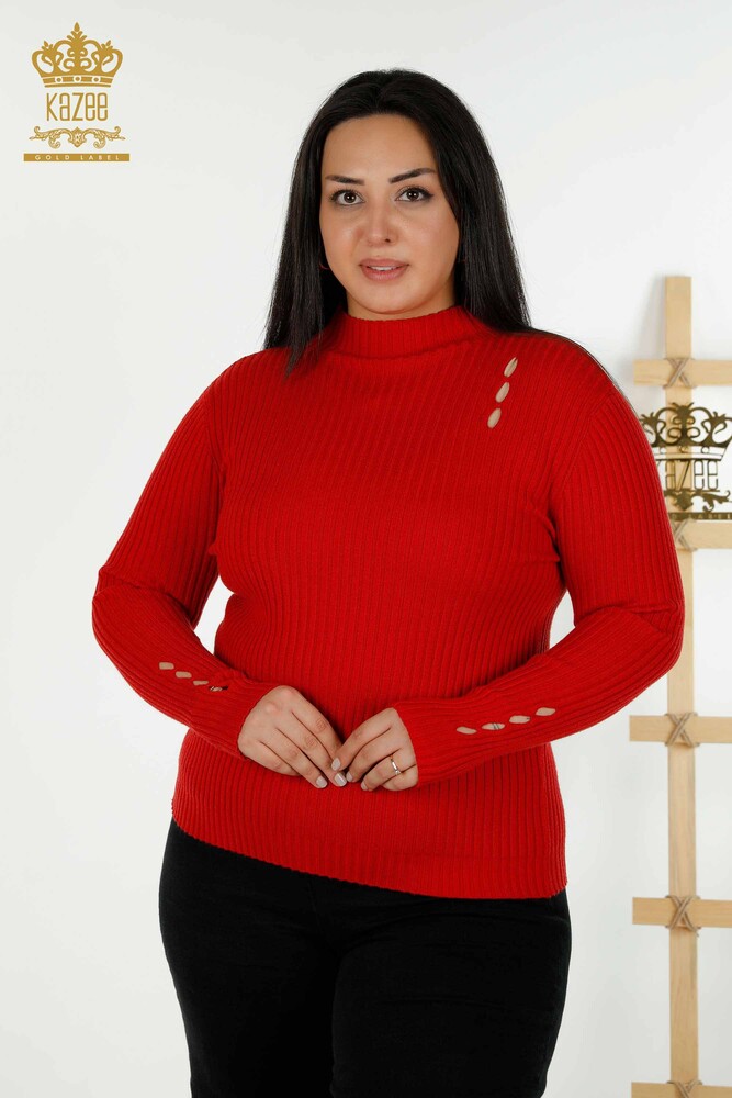 Großhandel Damen Strickpullover - Lochdetail - Rot - 30395 | KAZEE - 1