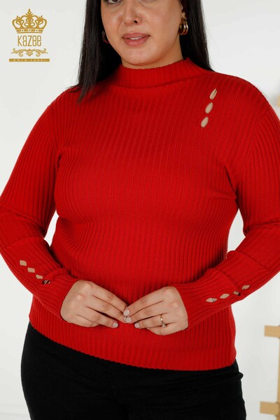 Großhandel Damen Strickpullover - Lochdetail - Rot - 30395 | KAZEE - 2