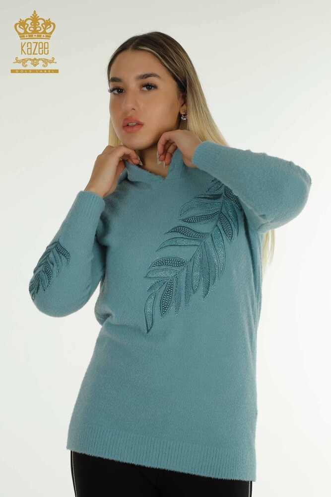 Großhandel Damen Strickpullover - Mit Kapuze - Angora - Mint - 40008 | Kazee - 1