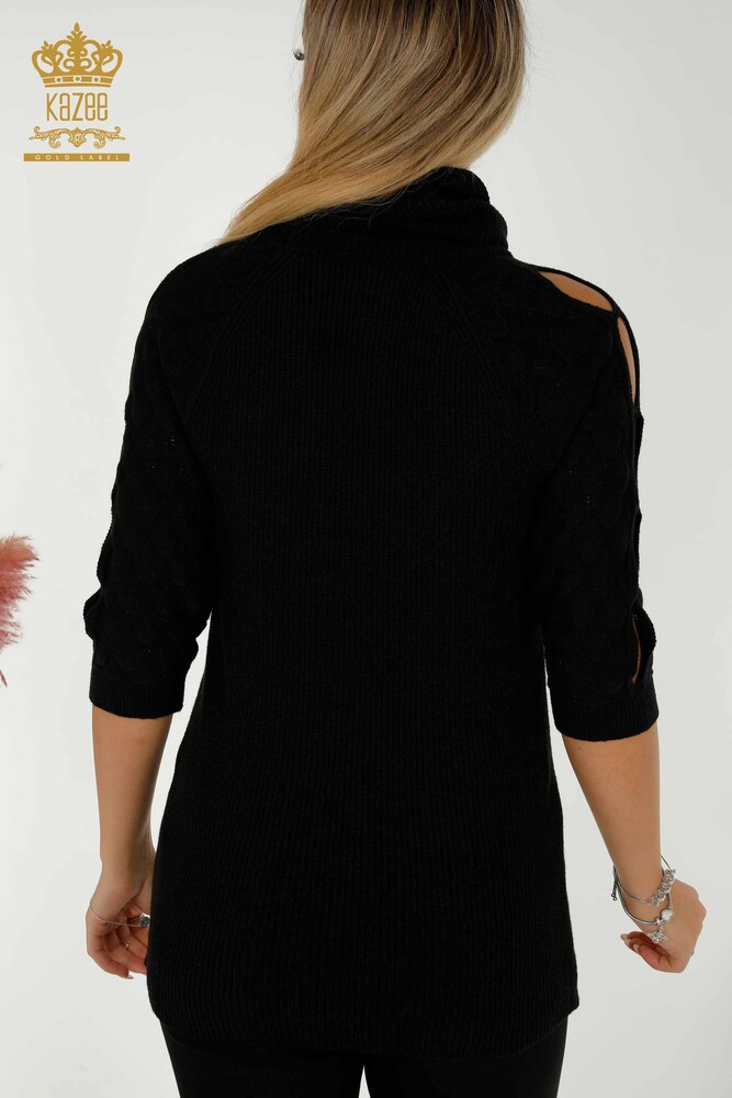 Großhandel Damen-Strickpullover - Rollkragenpullover - Ärmel detailliert - Schwarz - 30560 | KAZEE - 5