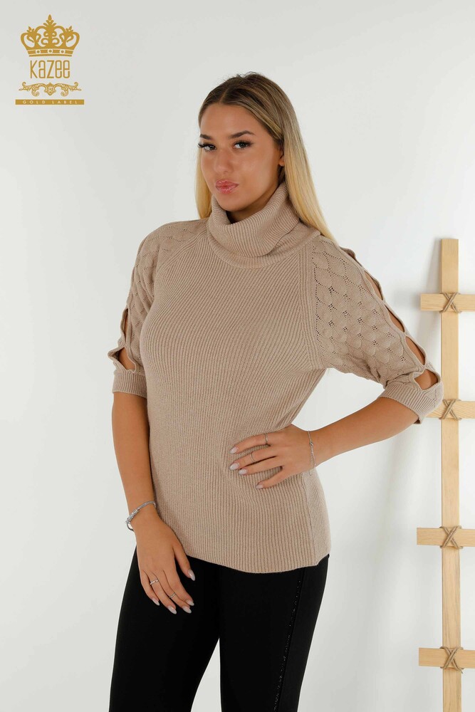 Großhandel Damen-Strickpullover - Rollkragenpullover - Ärmel detailliert - Dunkelbeige - 30560 | KAZEE - 1