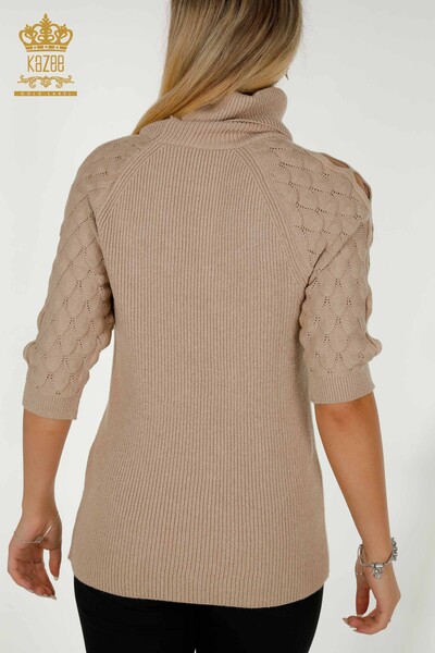 Großhandel Damen-Strickpullover - Rollkragenpullover - Ärmel detailliert - Dunkelbeige - 30560 | KAZEE - 7