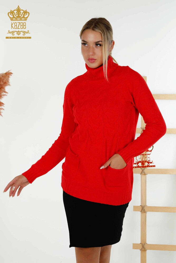 Großhandel Damen-Strickpullover - Rollkragenpullover - Rot - 30231 | KAZEE - 1