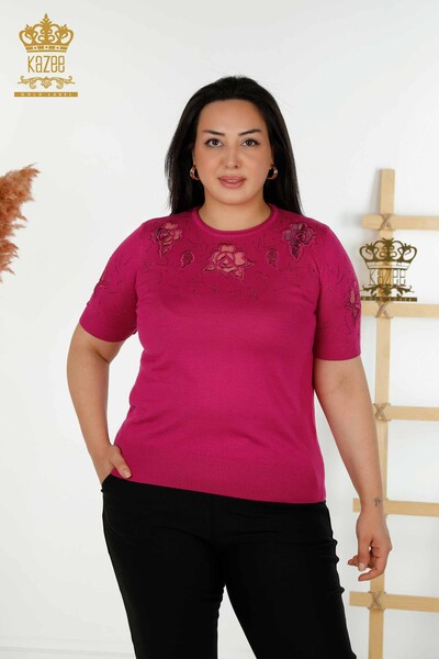 Großhandel Damen-Strickpullover mit Rosenmuster, Fuchsia – 16845 | KAZEE 